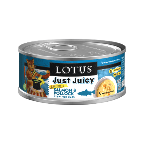 Canned Cat Food - JUST JUICY - Grain Free Salmon & Pollock Stew - 5.3 oz - J & J Pet Club - Lotus
