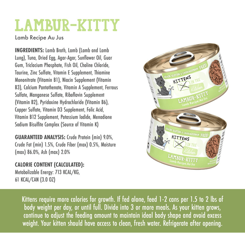 Canned Cat Food - KITTENS in the Kitchen, Lambur-kitty, Lamb Recipe Au Jus - 3 oz - J & J Pet Club - Weruva
