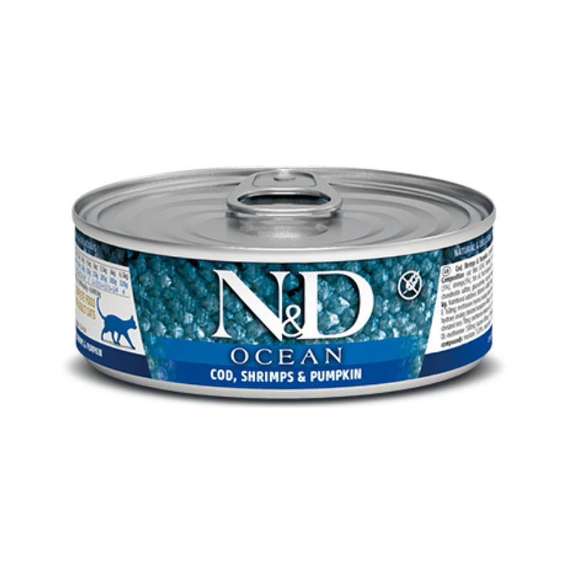 Canned Cat Food - N & D - OCEAN - Cod, Shrimp & Pumpkin - Adult - 2.5 oz - J & J Pet Club - Farmina
