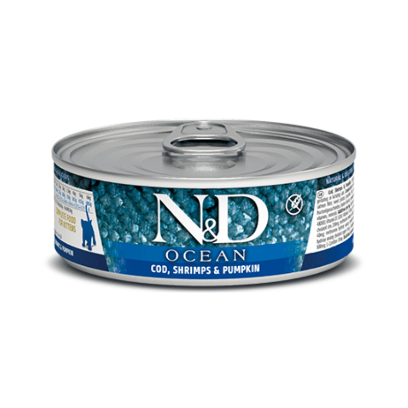 Canned Cat Food - N & D - OCEAN - Cod, Shrimp & Pumpkin - Kitten - 2.5 oz - J & J Pet Club - Farmina