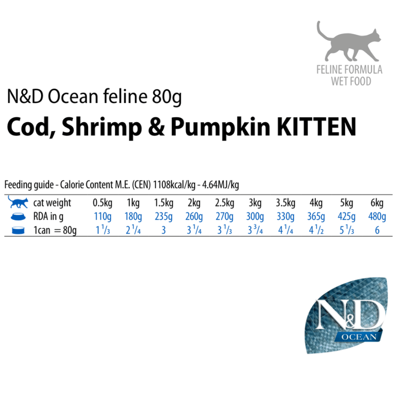 Canned Cat Food - N & D - OCEAN - Cod, Shrimp & Pumpkin - Kitten - 2.5 oz - J & J Pet Club - Farmina