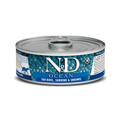 Canned Cat Food - N & D - OCEAN - Sea Bass, Sardine & Shrimp - Adult - 2.5 oz - J & J Pet Club - Farmina