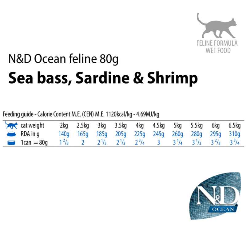Canned Cat Food - N & D - OCEAN - Sea Bass, Sardine & Shrimp - Adult - 2.5 oz - J & J Pet Club - Farmina