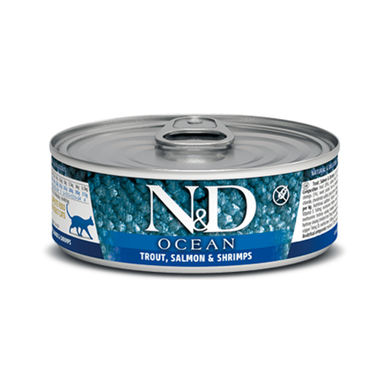 Canned Cat Food - N & D - OCEAN - Trout, Salmon & Shrimp - Adult - 2.5 oz - J & J Pet Club - Farmina