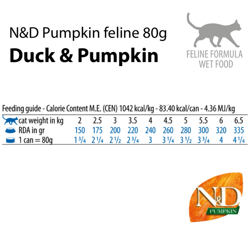 Canned Cat Food - N & D - PUMPKIN - Duck & Pumpkin Recipe - Adult - 2.5 oz - J & J Pet Club - Farmina