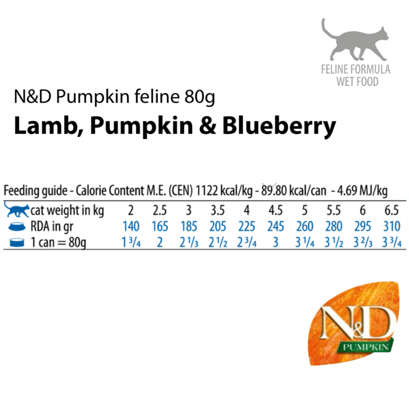 Canned Cat Food - N & D - PUMPKIN - Lamb, Pumpkin & Blueberry - Adult - 2.5 oz - J & J Pet Club - Farmina