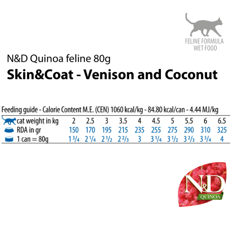 Canned Cat Food - N & D - QUINOA - Skin & Coat - Venison & Coconut - 2.8 oz - J & J Pet Club - Farmina