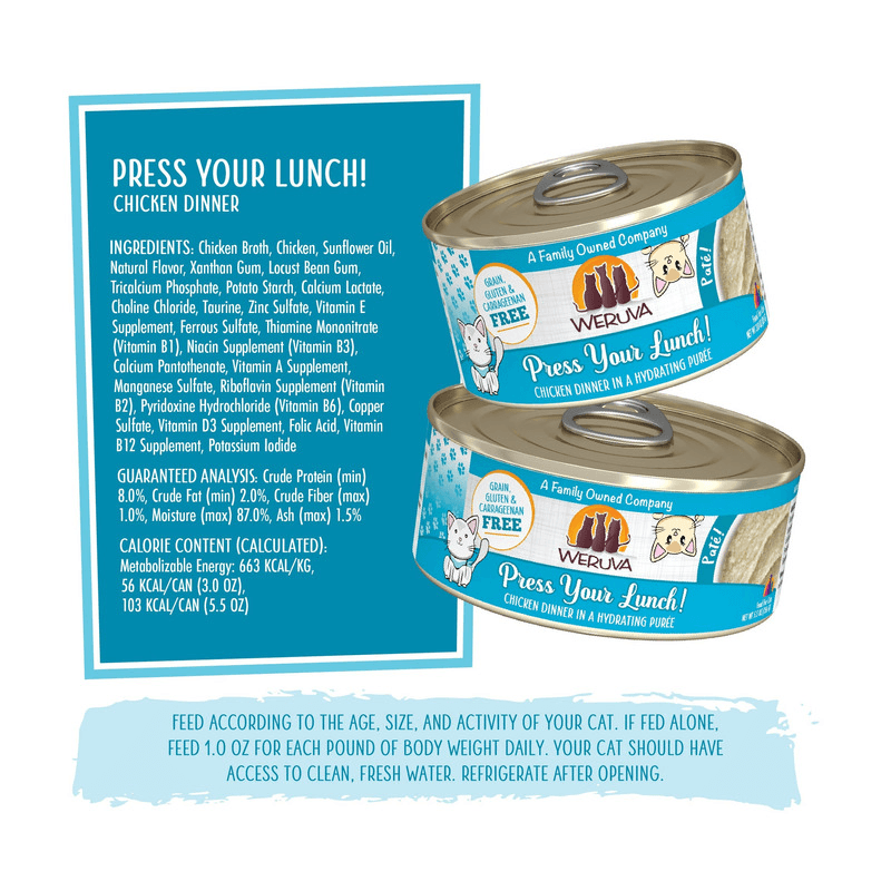 Canned Cat Food - Paté - Press Your Lunch! - Chicken Dinner in a Hydrating Purée - J & J Pet Club - Weruva