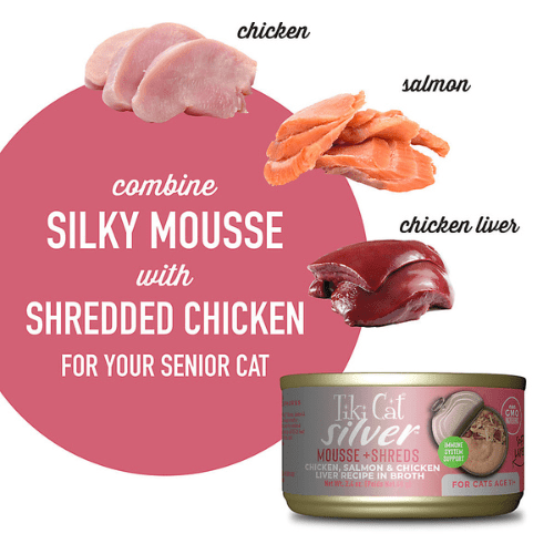 Canned Cat Food - SILVER - Mousse & Shreds Chicken, Salmon & Chicken Liver Recipe For Cats Age 11+, 2.4 oz - J & J Pet Club - Tiki Cat