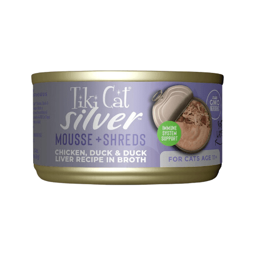 Canned Cat Food - SILVER - Mousse & Shreds with Chicken, Duck & Duck Liver Recipe For Cats Age 11+, 2.4 oz - J & J Pet Club - Tiki Cat