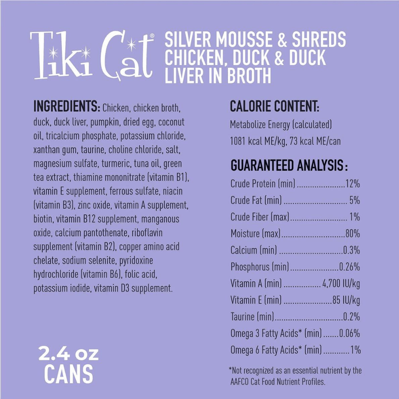 Canned Cat Food - SILVER - Mousse & Shreds with Chicken, Duck & Duck Liver Recipe For Cats Age 11+, 2.4 oz - J & J Pet Club - Tiki Cat