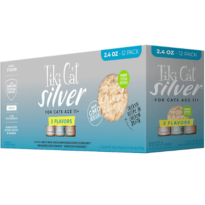 Canned Cat Food - SILVER - Variety Pack For Cats Age 11+, 2.4 oz, case of 12 - J & J Pet Club - Tiki Cat
