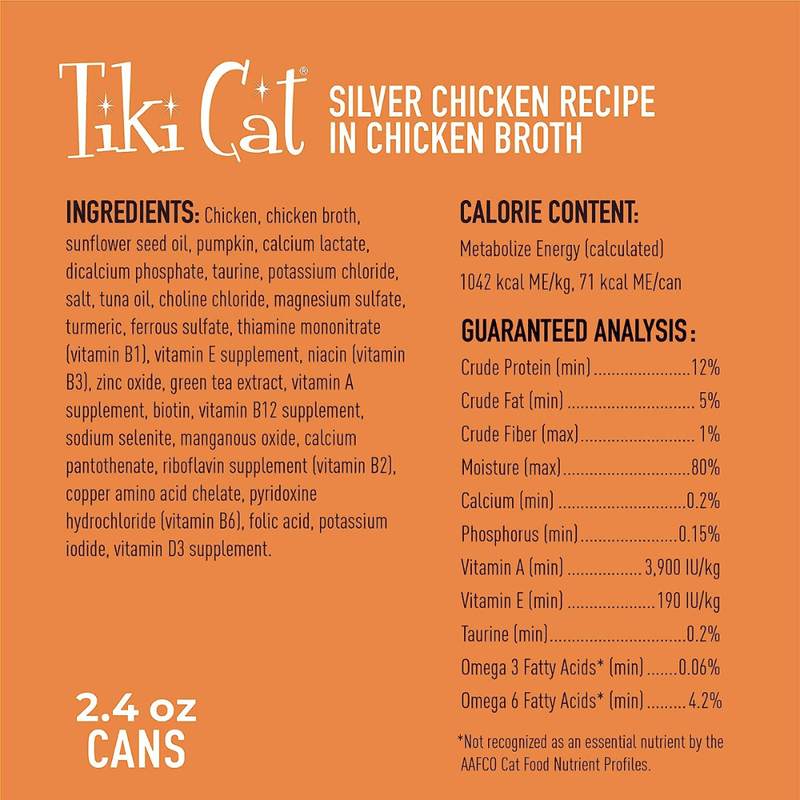 Canned Cat Food - SILVER - Whole Foods with Chicken Recipe For Cats Age 11+, 2.4 oz - J & J Pet Club - Tiki Cat