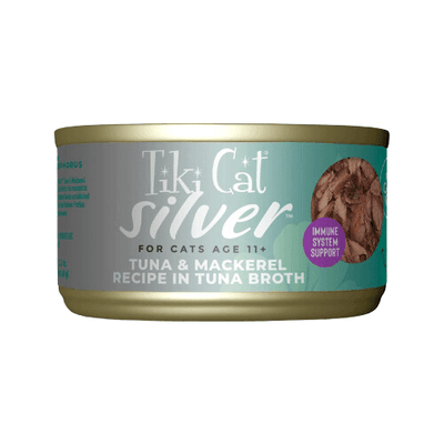 Canned Cat Food - SILVER - Whole Foods with Tuna & Mackerel Recipe For Cats Age 11+, 2.4 oz - J & J Pet Club - Tiki Cat
