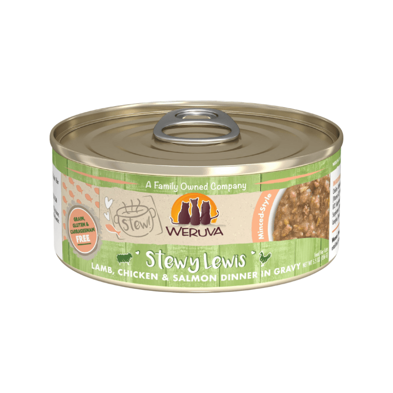 Canned Cat Food - Stew! - Stewy Lewis - Lamb, Chicken & Salmon Dinner in Gravy - J & J Pet Club - Weruva