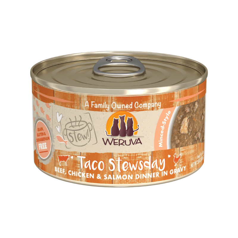 Canned Cat Food - Stew! - Taco Stewsday - Beef, Chicken & Salmon Dinner in Gravy - 2.8 oz - J & J Pet Club - Weruva