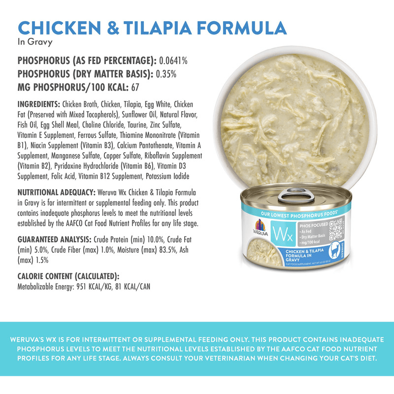 Canned Cat Food Supplement - Wx Phos Focused - Chicken & Tilapia Formula in Gravy - 3 oz - J & J Pet Club - Weruva