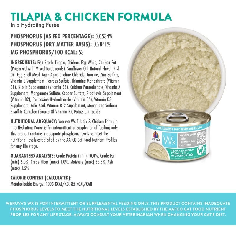 Canned Cat Food Supplement - Wx Phos Focused - Tilapia & Chicken Formula in a Hydrating Purée - 3 oz - J & J Pet Club - Weruva