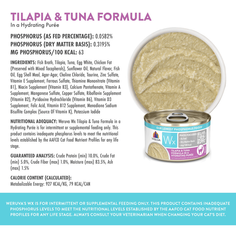 Canned Cat Food Supplement - Wx Phos Focused - Tilapia & Tuna Formula in a Hydrating Purée - 3 oz - J & J Pet Club - Weruva