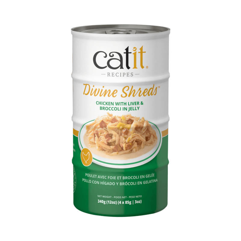 Canned Cat Treat - Divine Shreds - Chicken with Liver & Broccoli in Jelly - 85 g can, pack of 4 - J & J Pet Club - Catit