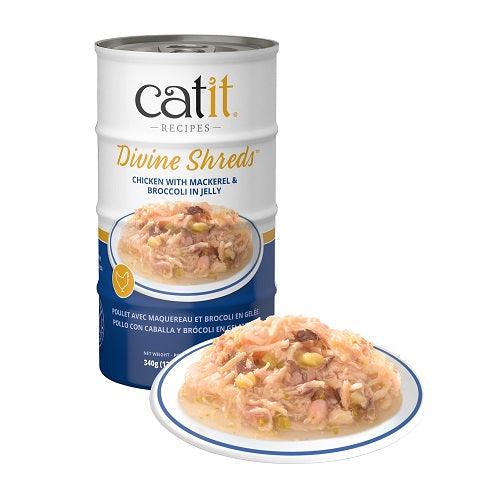 Canned Cat Treat - Divine Shreds - Chicken with Mackerel & Broccoli in Jelly - 4 x 85 g - J & J Pet Club