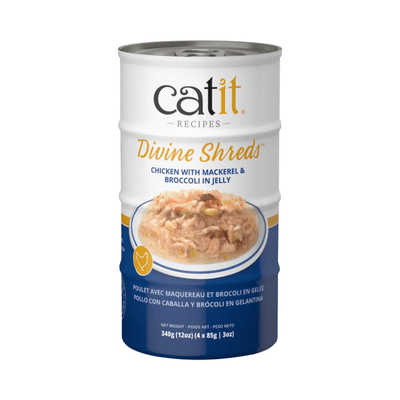 Canned Cat Treat - Divine Shreds - Chicken with Mackerel & Broccoli in Jelly - 85 g can, pack of 4 - J & J Pet Club - Catit