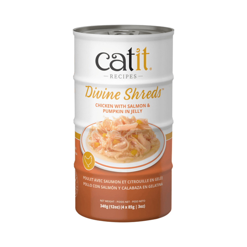 Canned Cat Treat - Divine Shreds - Chicken with Salmon & Pumpkin in Jelly - 85 g can, pack of 4 - J & J Pet Club - Catit