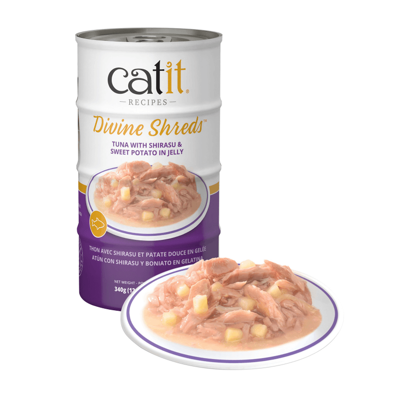 Canned Cat Treat - Divine Shreds - Tuna with Shirasu & Sweet Potato in Jelly - 85 g can, pack of 4 - J & J Pet Club - Catit