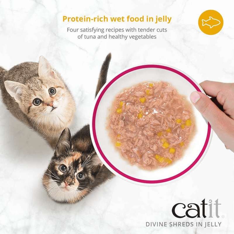 Canned Cat Treat - Divine Shreds - Tuna with Shirasu & Sweet Potato in Jelly - 85 g can, pack of 4 - J & J Pet Club - Catit