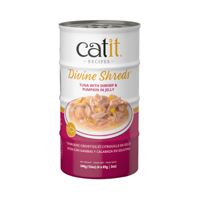 Canned Cat Treat - Divine Shreds - Tuna with Shrimp & Pumpkin in Jelly - 85 g can, pack of 4 - J & J Pet Club - Catit