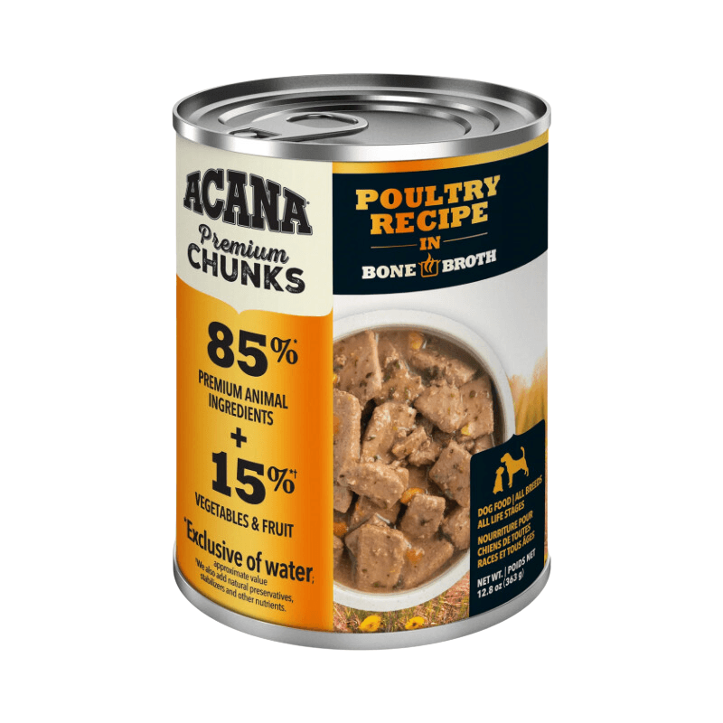 Canned Dog Food - Chunks - Poultry Recipe in Bone Broth - 363 g - J & J Pet Club - Acana