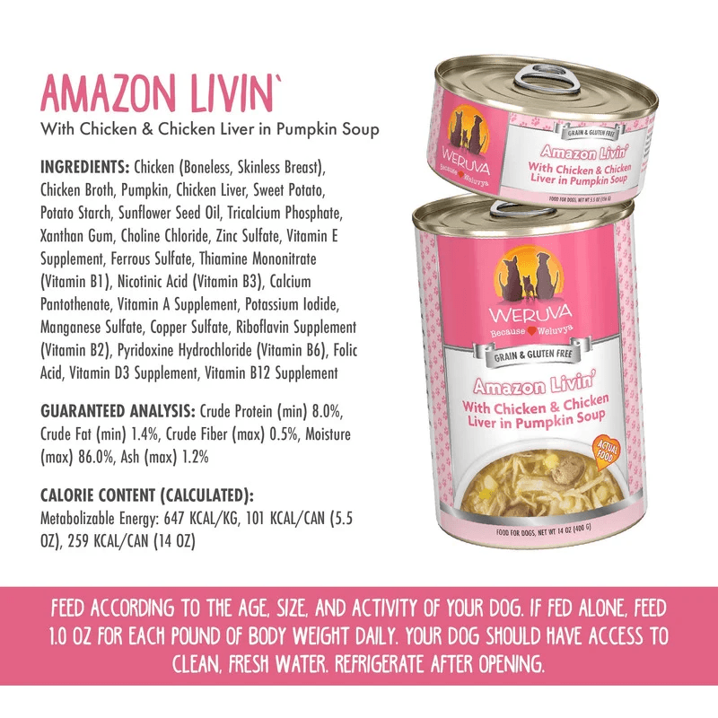 Canned Dog Food - CLASSIC - Amazon Livin' - with Chicken & Chicken Liver in Pumpkin Soup - J & J Pet Club - Weruva