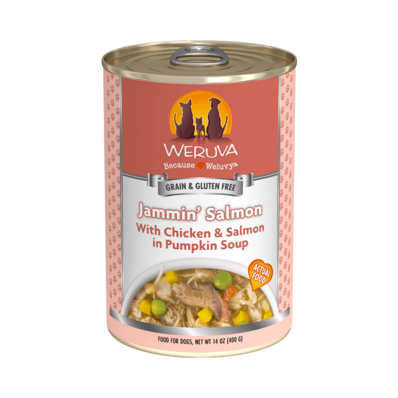 Canned Dog Food - CLASSIC - Jammin’ Salmon - with Chicken & Salmon in Pumpkin Soup - J & J Pet Club - Weruva