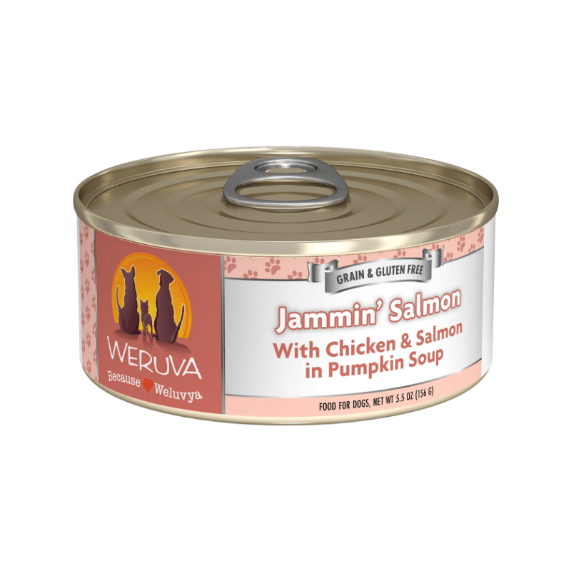 Canned Dog Food - CLASSIC - Jammin’ Salmon - with Chicken & Salmon in Pumpkin Soup - J & J Pet Club - Weruva