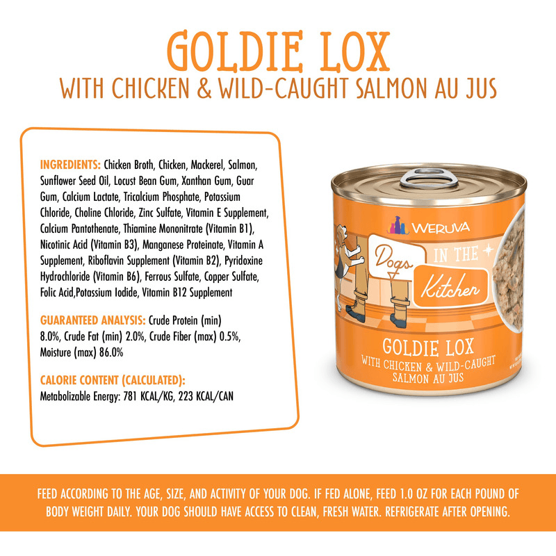 Canned Dog Food - Dogs in the Kitchen - Goldie Lox - with Chicken & Wild Caught Salmon Au Jus - 10 oz - J & J Pet Club - Weruva