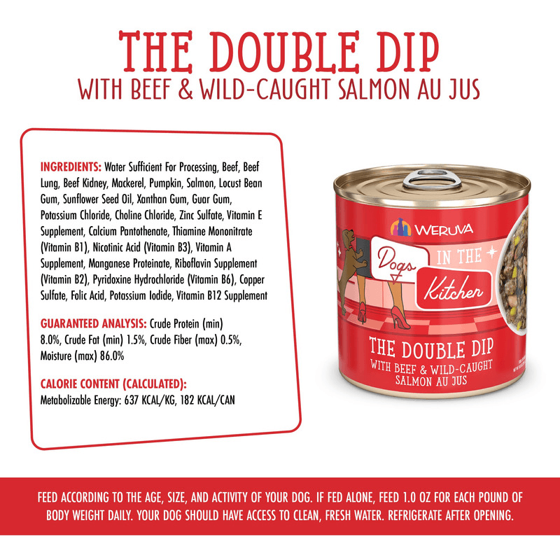 Canned Dog Food - Dogs in the Kitchen - The Double Dip - with Beef & Wild Caught Salmon Au Jus - 10 oz - J & J Pet Club - Weruva