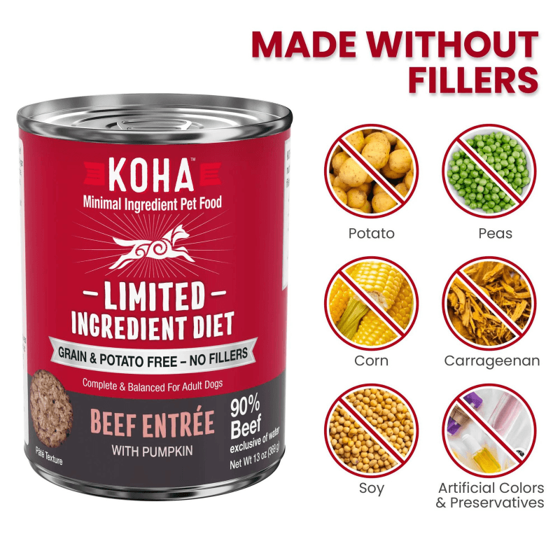 Canned Dog Food - Limited Ingredient Diet - 90% Beef Entrée with Pumpkin - 13 oz - J & J Pet Club - KOHA