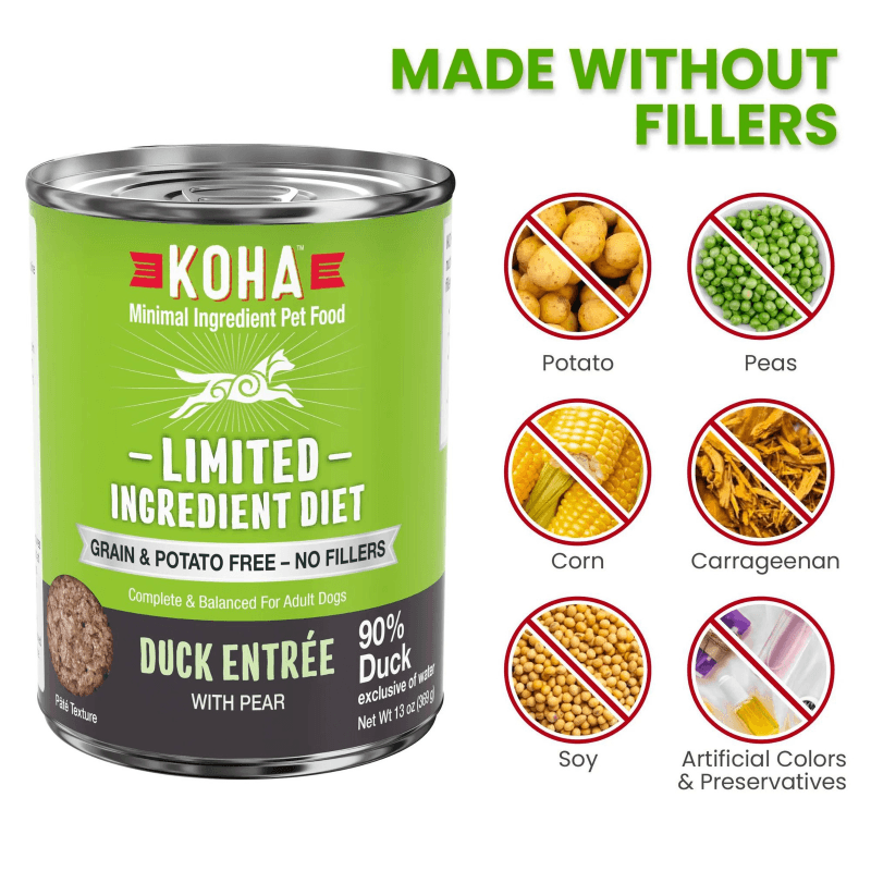 Canned Dog Food - Limited Ingredient Diet - 90% Duck Entrée with Pear - 13 oz - J & J Pet Club - KOHA