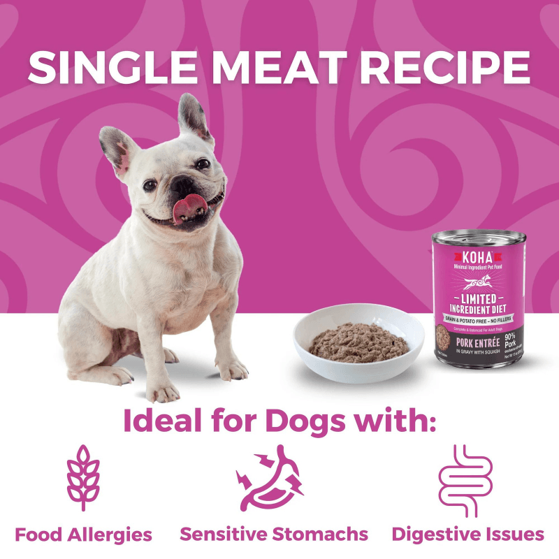 Canned Dog Food - Limited Ingredient Diet - 90% Pork Entrée in Gravy with Squash - 13 oz - J & J Pet Club - KOHA