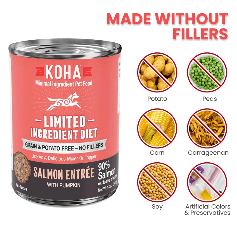 Canned Dog Food - Limited Ingredient Diet - 90% Salmon Entrée with Pumpkin - 13 oz - J & J Pet Club - KOHA