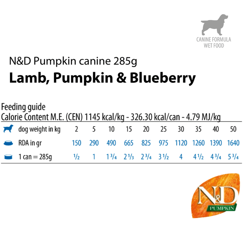 Canned Dog Food - N & D - PUMPKIN - Lamb, Pumpkin & Blueberry - Adult All Breeds - 10 oz - J & J Pet Club - Farmina