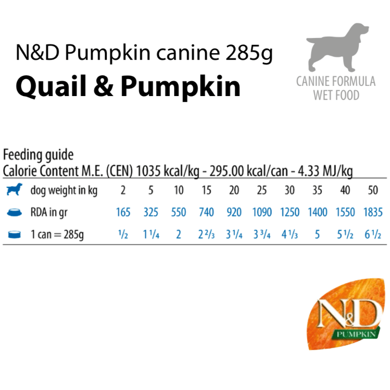 Canned Dog Food - N & D - PUMPKIN - Quail & Pumpkin - Adult All Breeds - 10 oz - J & J Pet Club - Farmina