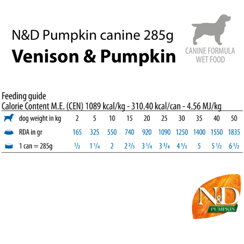 Canned Dog Food - N & D - PUMPKIN - Venison & Pumpkin - Adult All Breeds - 10 oz - J & J Pet Club - Farmina