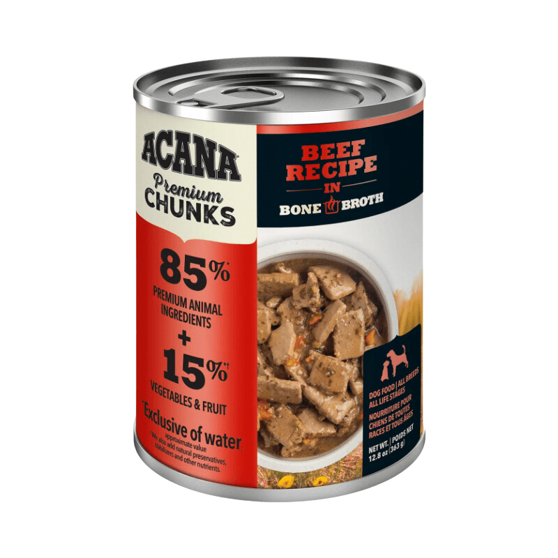 Canned Dog Food - PREMIUM CHUNKS - Beef Recipe in Bone Broth - 12.8 oz - J & J Pet Club - Acana