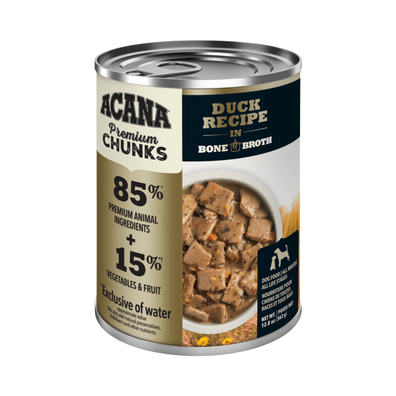 Canned Dog Food - PREMIUM CHUNKS - Duck Recipe in Bone Broth - 12.8 oz - J & J Pet Club - Acana
