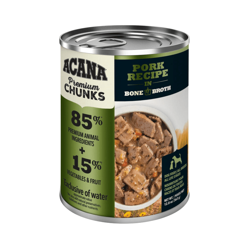 Canned Dog Food - PREMIUM CHUNKS - Pork Recipe in Bone Broth - 12.8 oz - J & J Pet Club - Acana