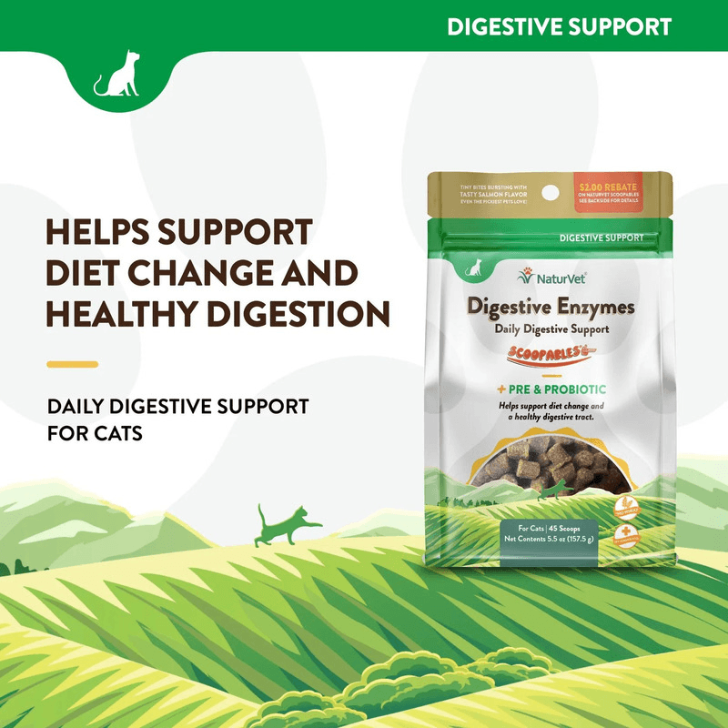 Cat Supplement - SCOOPABLES - DAILY DIGESTIVE SUPPORT - Digestive Enzymes + Pre & Probiotic - 45 scoops - J & J Pet Club - Naturvet