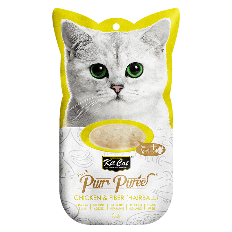 Cat Treat - Purr Purée - Chicken & Fiber (Hairball) - 15 g sachet, pack of 4 - J & J Pet Club - Kit Cat