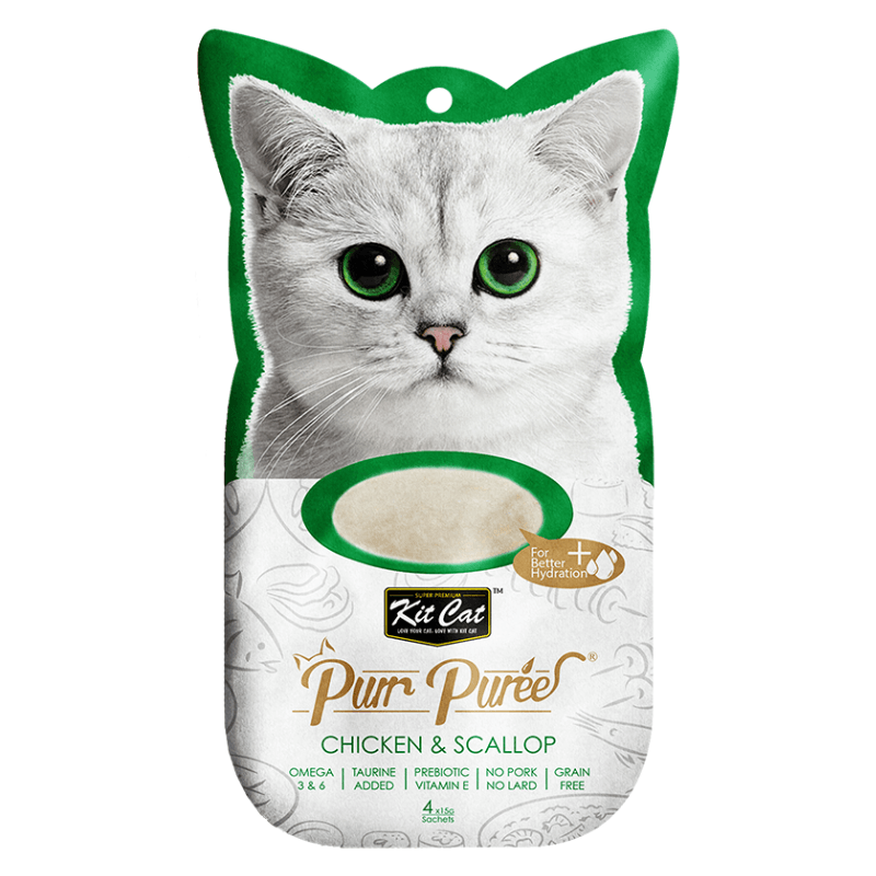 Cat Treat - Purr Purée - Chicken & Scallop - 15 g sachet, pack of 4 - J & J Pet Club - Kit Cat