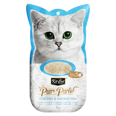 Cat Treat - Purr Purée - Chicken & Smoked Fish - 15 g sachet, pack of 4 - J & J Pet Club - Kit Cat